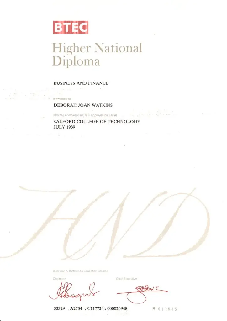 Higher National Diploma in Business & Finance certificate